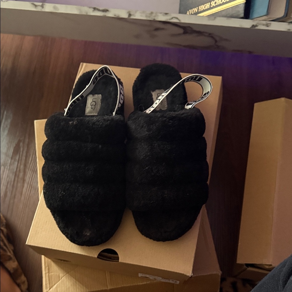 UGG Black Fluffy Slippers